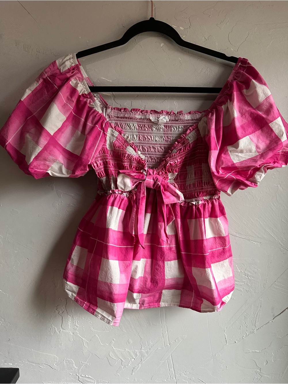 Pink Plaid Smocked Puff Sleeve Top Coquette Cottagecore Prairie Romantic Large